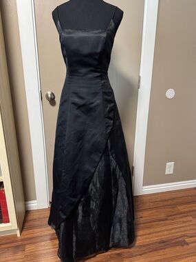 Morgan & Co. Black Satin Prom Gown with Overlay Skirt